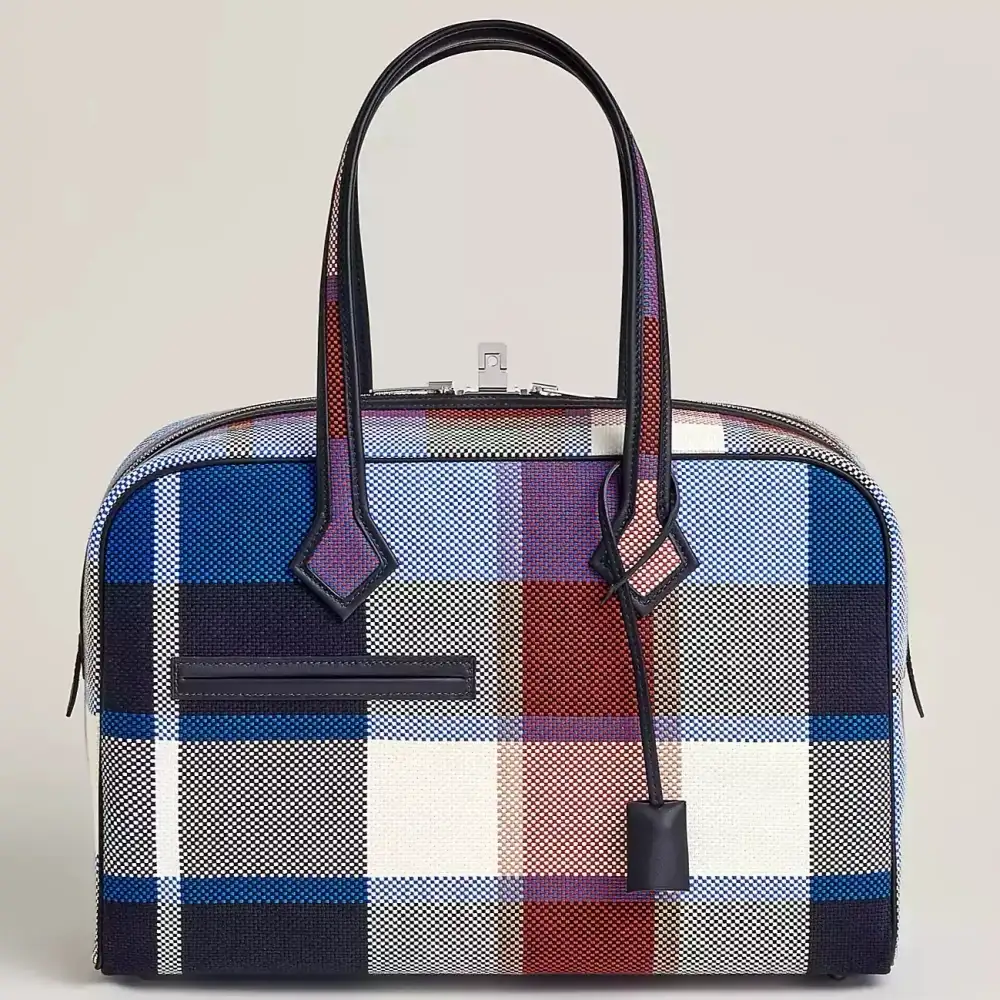 Hermes Victoria III Fourre tout 35 Bag in Canvas Swift Madras Viking motif Bleu Billard