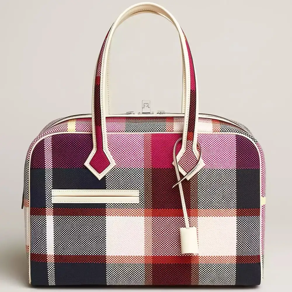 Hermes Victoria III Fourre tout 35 Bag in Canvas Swift Madras Viking motif Indigo Franboise