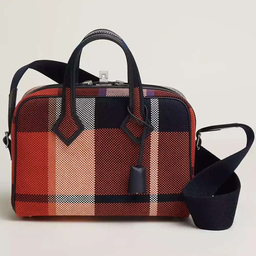 Hermes Victoria III Fourre tout 35 Bag in Canvas Swift Madras Viking motif Indigo