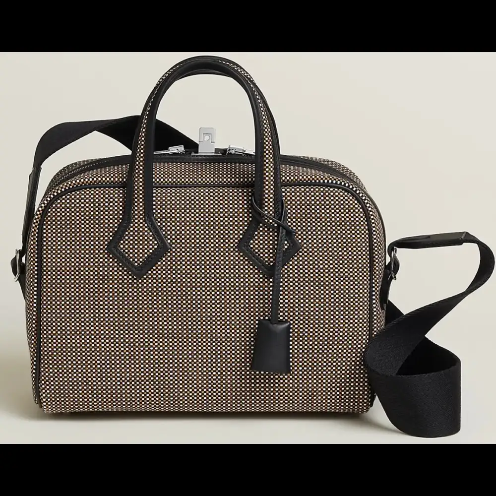 Hermes Victoria III Fourre tout 35 Bag in Canvas Swift Noir Blanc Désert Noir