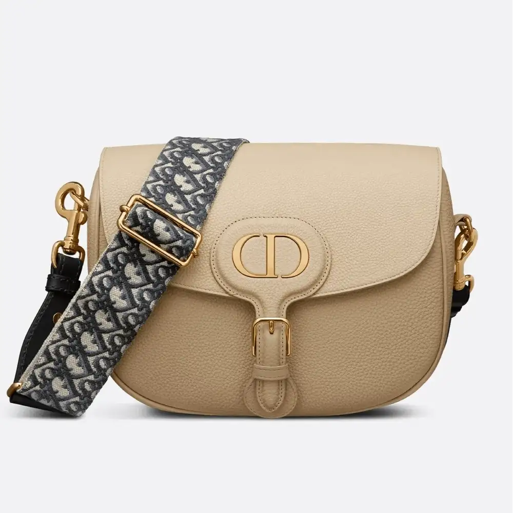Dior Bobby Large Bag x Grained Calfskin with Blue Dior Oblique Embroidered Shoulder Strap Rope Beige