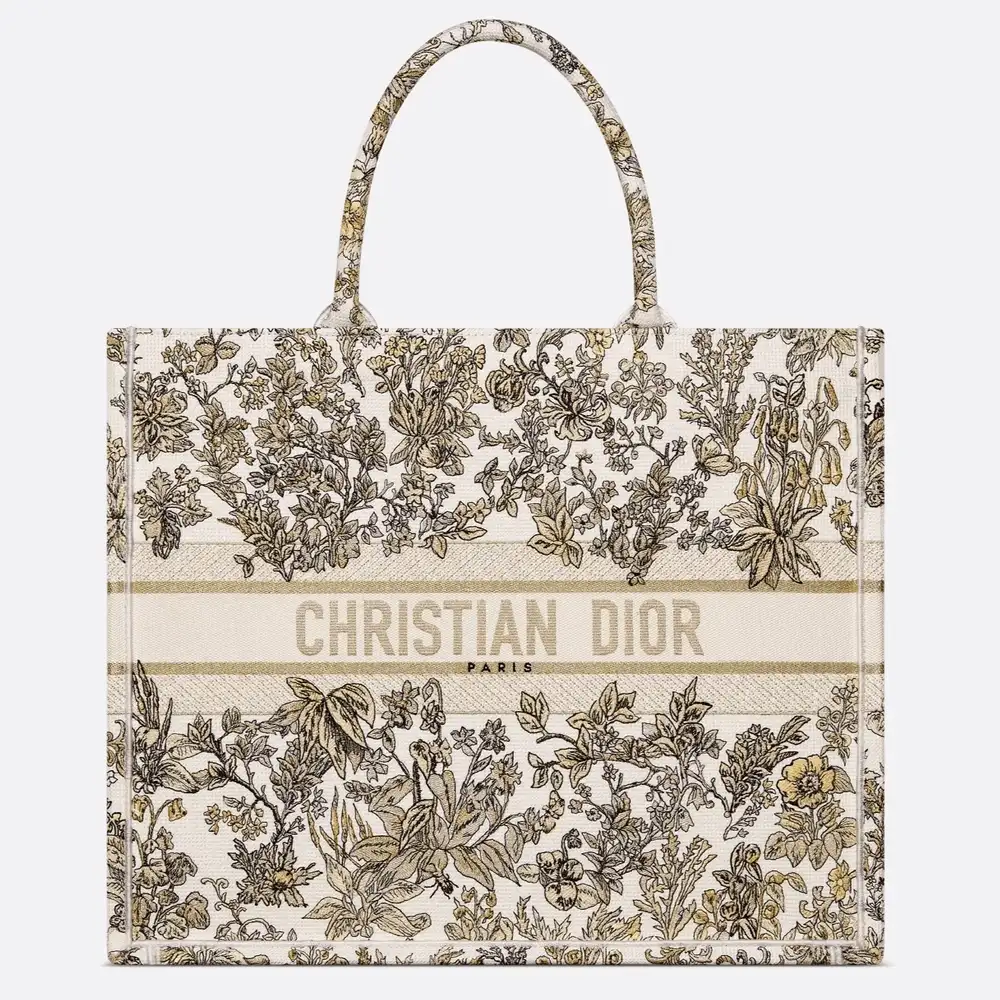 Large Dior Book Tote Embroidery with Gold Tone Millefiori Unicorn Motif Latte