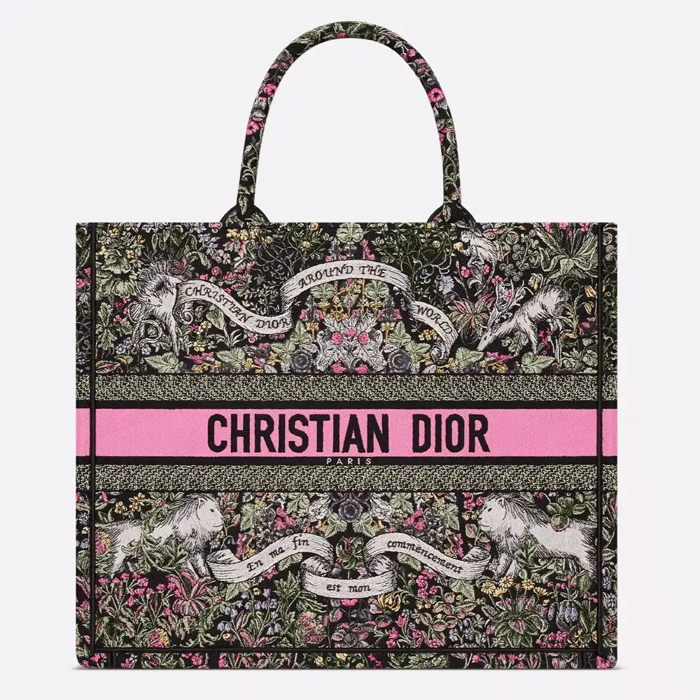 Large Dior Book Tote Embroidery with Multicolor Dior Around the World Motif Black
