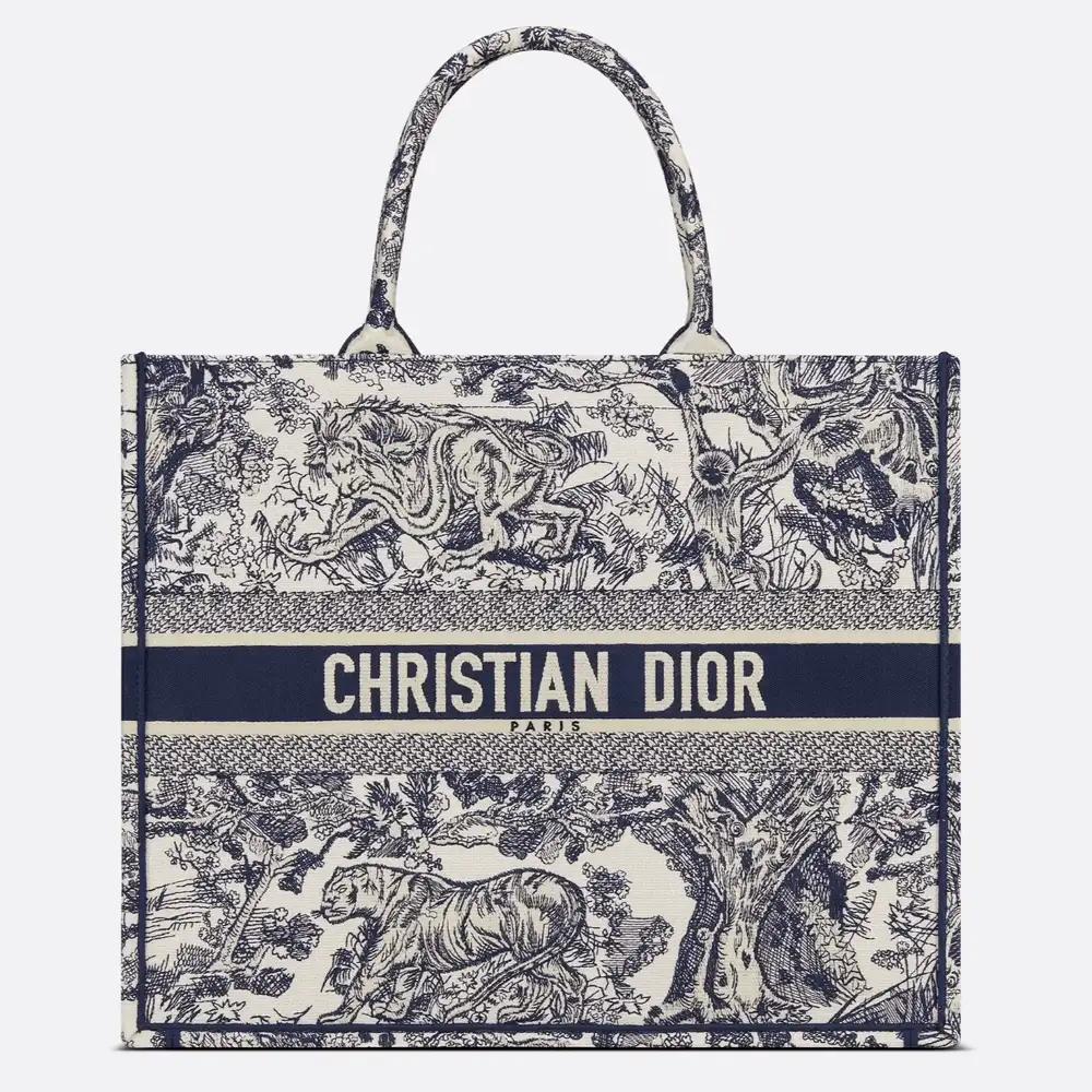 Large Dior Book Tote Toile de Jouy Embroidery Ecru and Blue