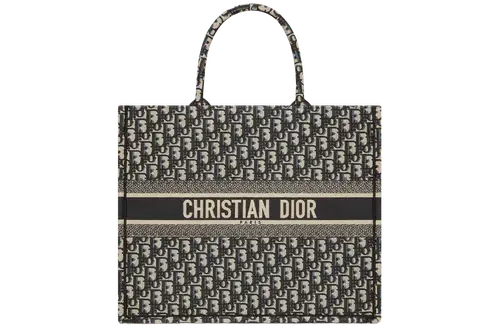 Large Dior Book Tote x Dior Oblique Embroidery Ecru and Blue Featured image