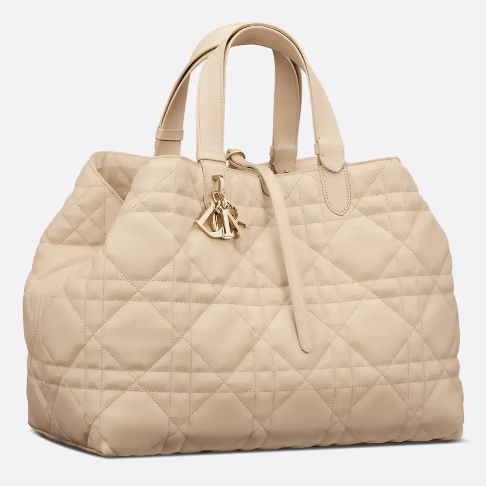 Large Dior Toujours Bag Macrocannage Calfskin Powder Beige