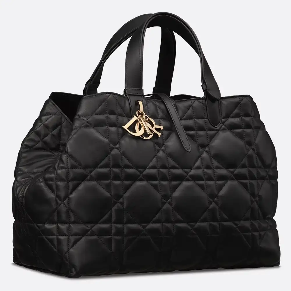 Large Dior Toujours Bag Macrocannage Crinkled Calfskin Black