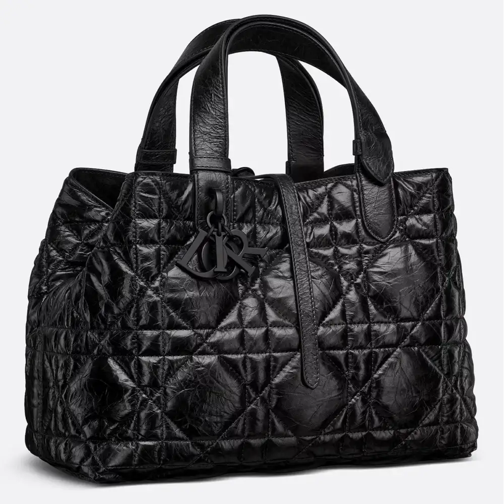 Large Dior Toujours Bag Macrocannage Crinkled Calfskin Black