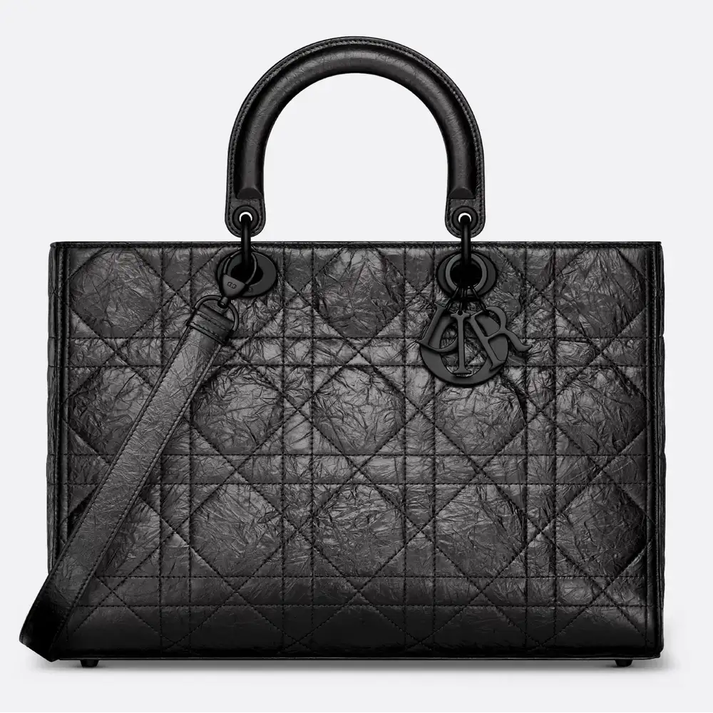 Large Lady D Sire Bag Macrocannage Crinkled Calfskin Black