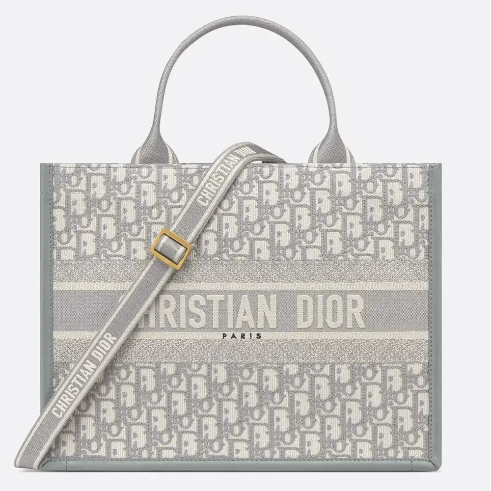 Medium Dior Book Tote Dior Oblique Embroidery and Calfskin Gray