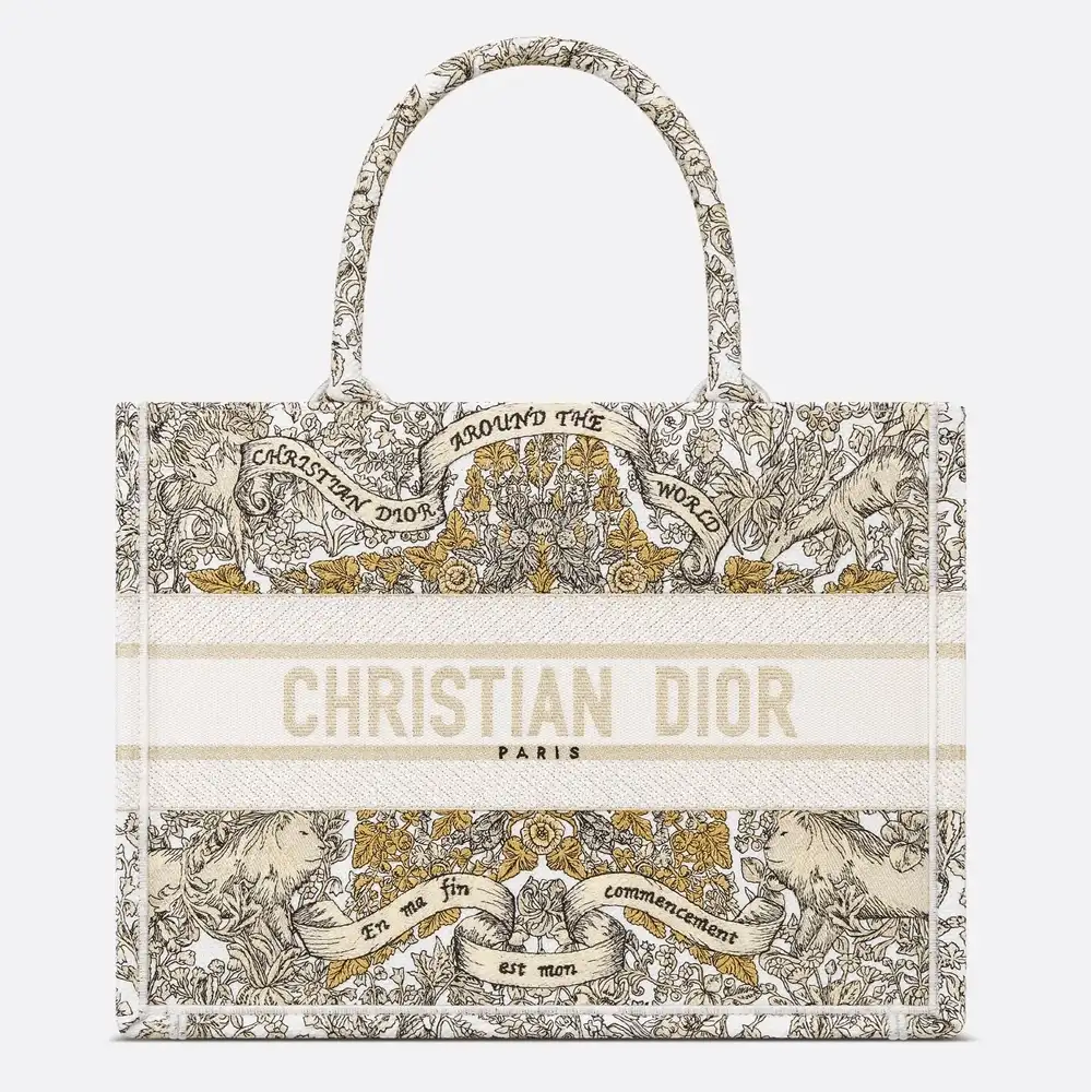Medium Dior Book Tote Embroidery with Gold Tone Dior Around the World Motif Latte