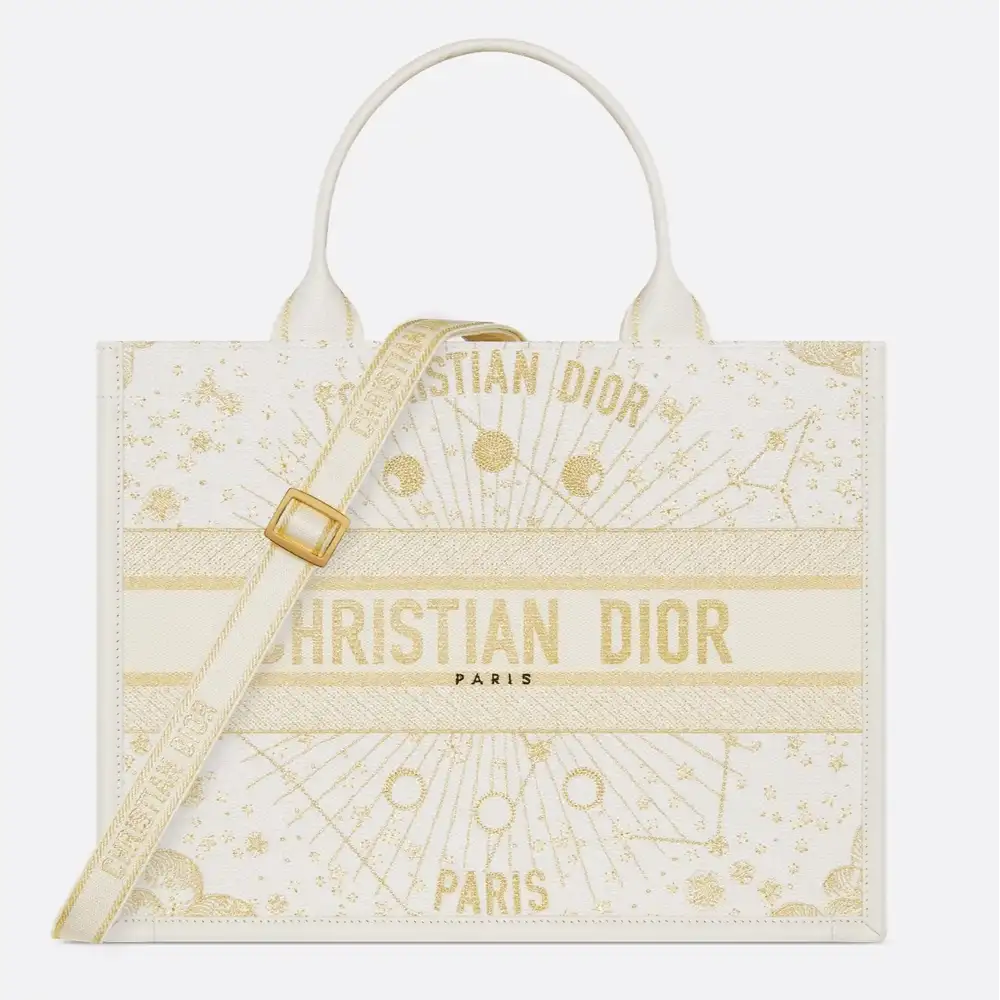 Medium Dior Book Tote Embroidery with Gold Tone Dior Astral Motif and Latte Calfskin Latte