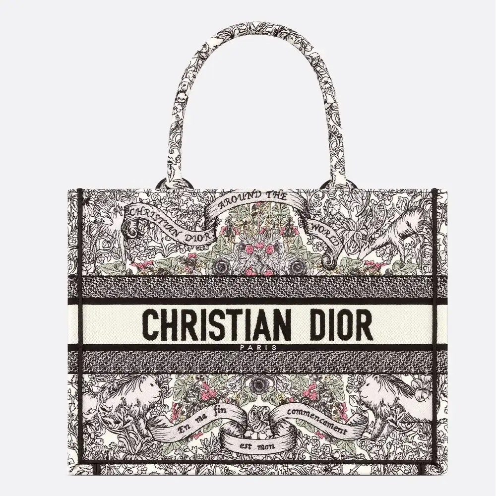 Medium Dior Book Tote Embroidery with Multicolor Dior Around the World Motif Latte