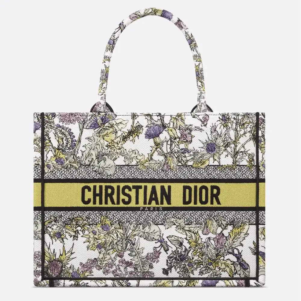 Medium Dior Book Tote Embroidery with Yellow Multicolor Dior Chardons Motif Latte