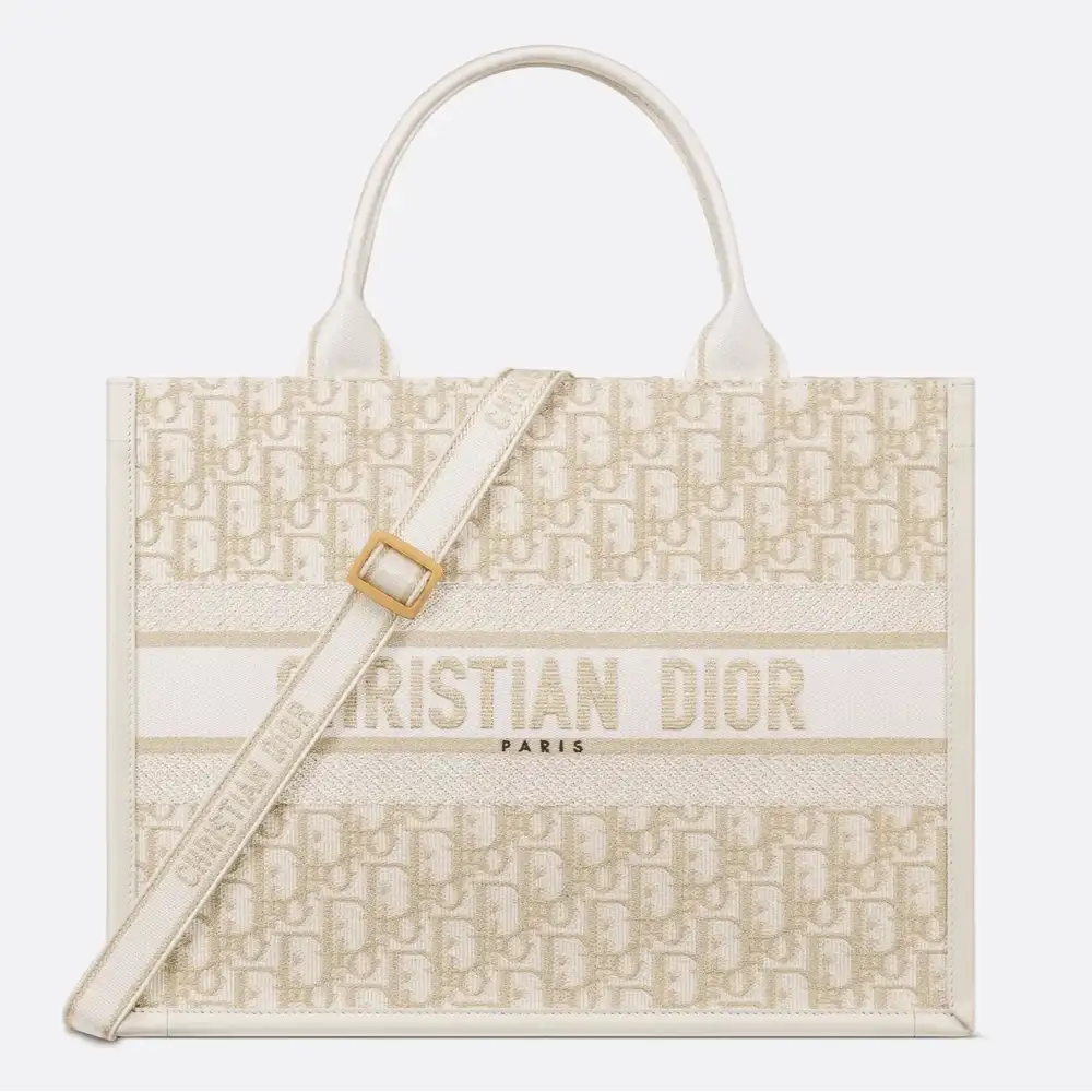Medium Dior Book Tote Oblique Embroidery with Gold Tone Metallic Thread and Latte Calfskin Dior