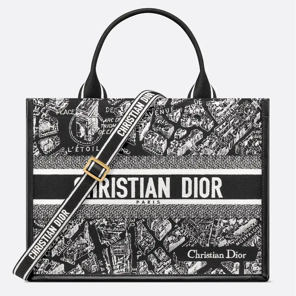 Medium Dior Book Tote Plan de Paris Embroidery with Black Calfskin Black and White