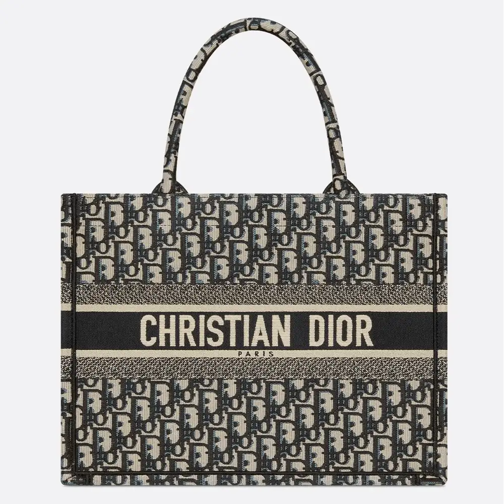 Medium Dior Book Tote x Dior Oblique Embroidery Ecru and Blue