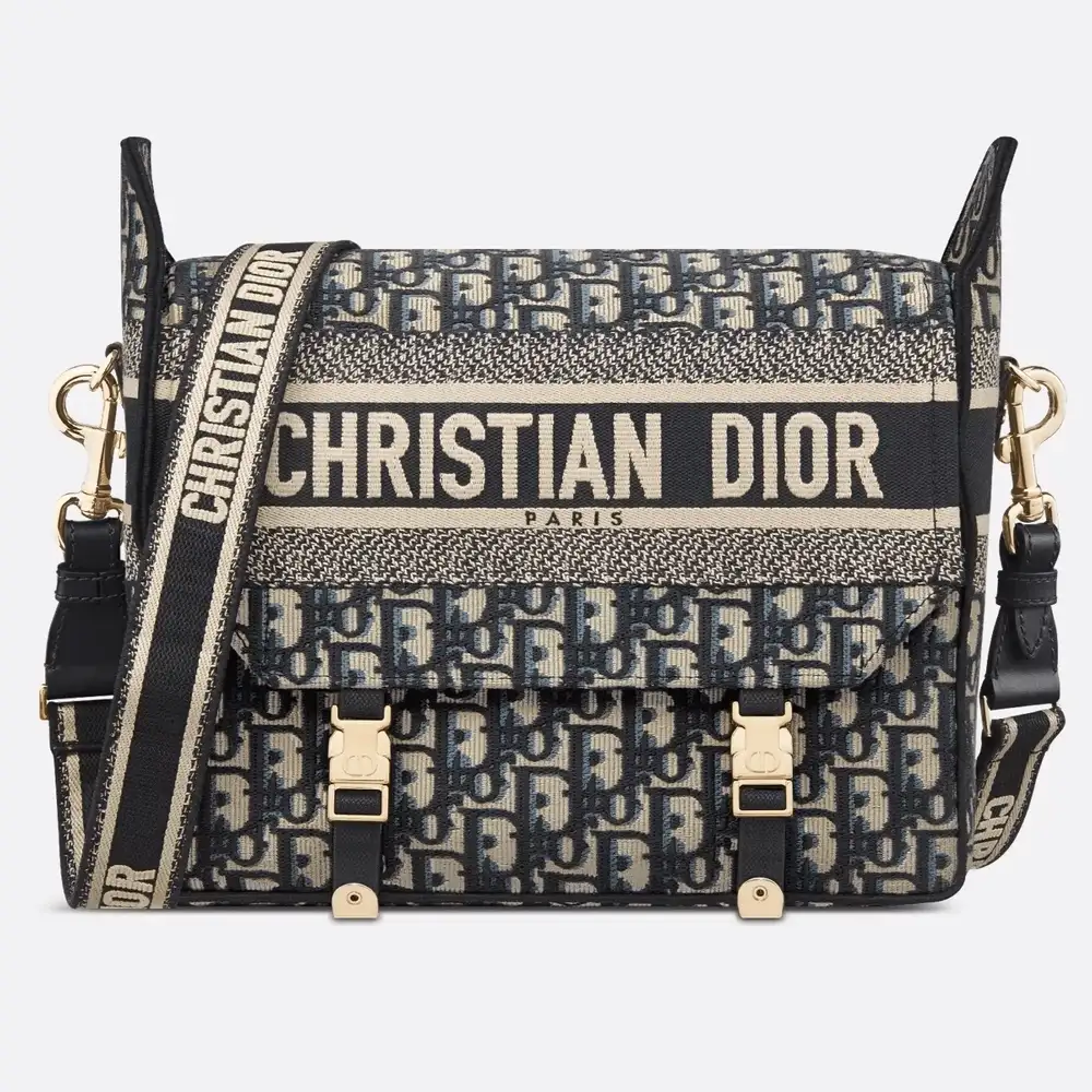 Medium Diorcamp Bag x Dior Oblique Embroidery Blue