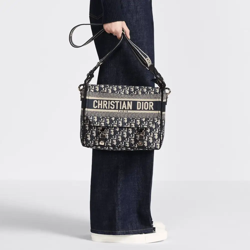 Medium Diorcamp Bag x Dior Oblique Embroidery Blue Model shots