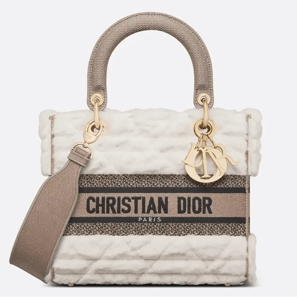 Medium Lady D Lite Bag Cannage Lambskin Shearling Ecru