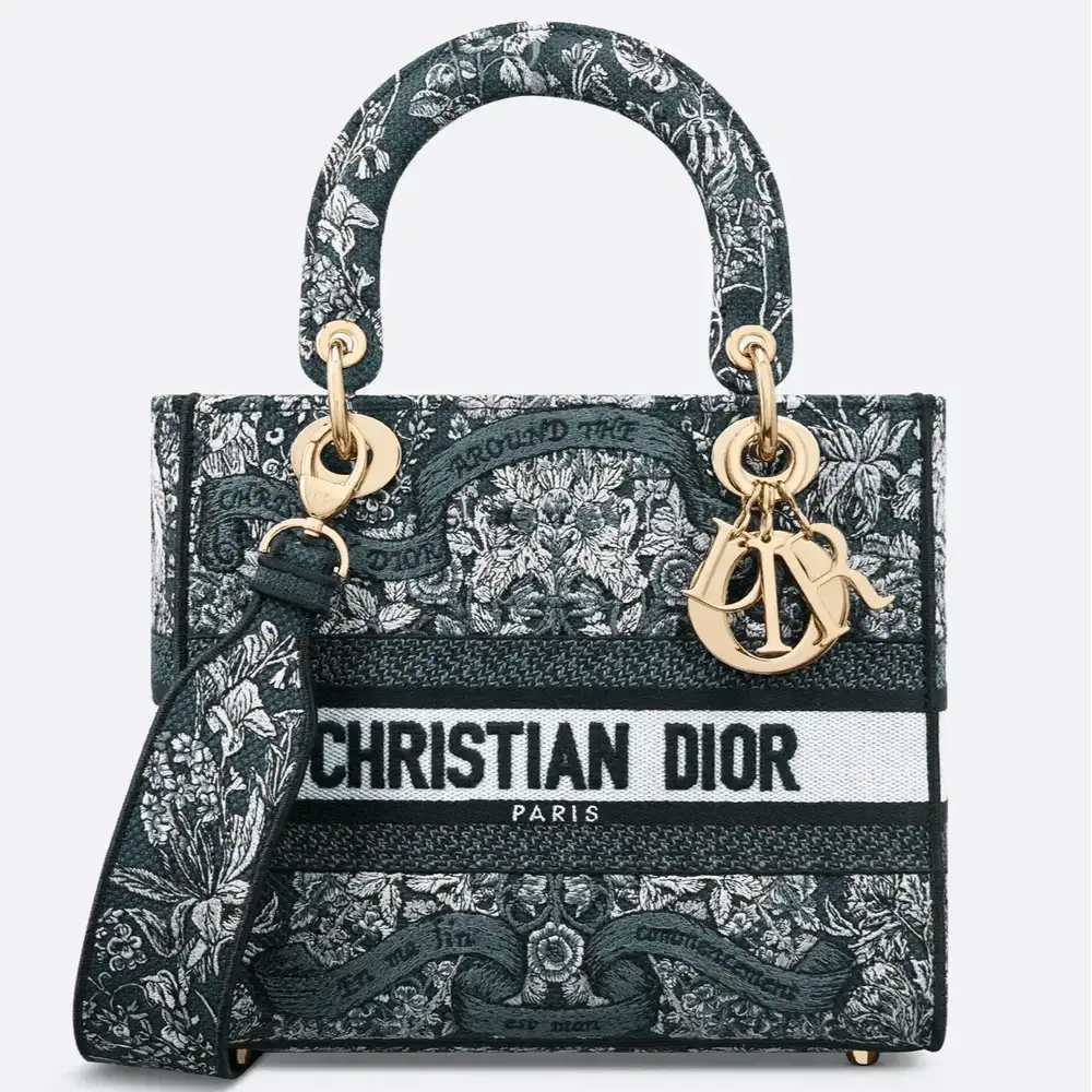 Medium Lady D Lite Bag Embroidery with Blue Dior Around the World Motif Latte
