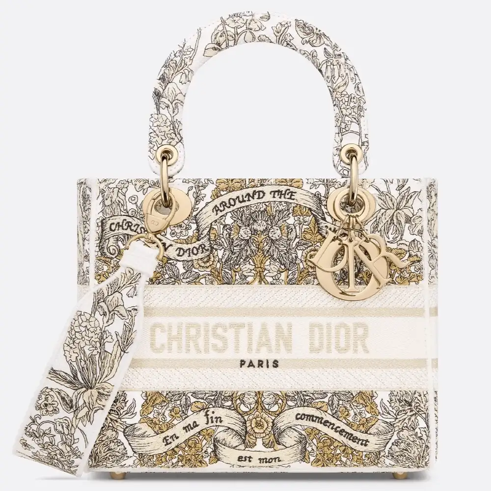 Medium Lady D Lite Bag Embroidery with Gold Tone Dior Around the World Motif Latte