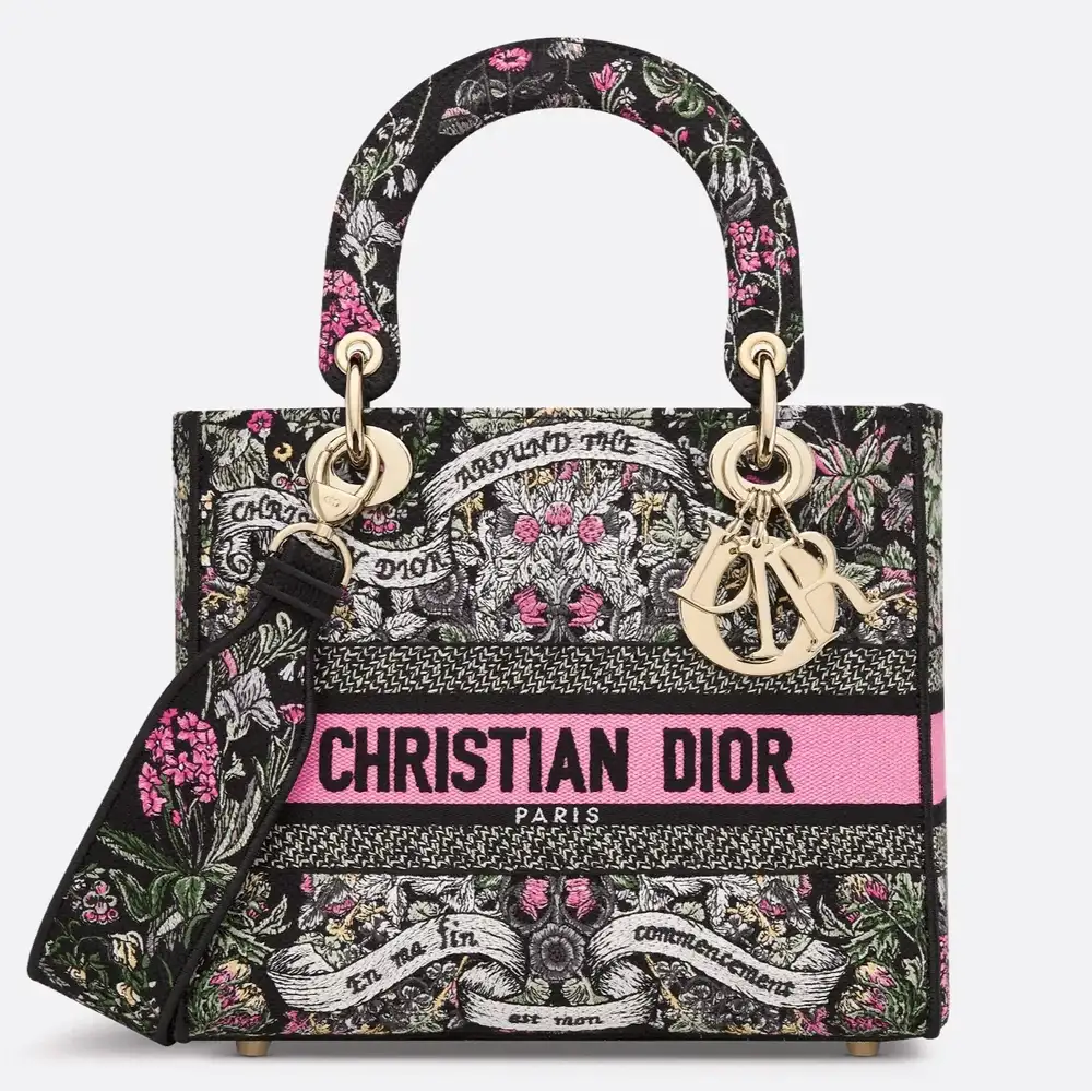 Medium Lady D Lite Bag Embroidery with Multicolor Dior Around the World Motif Black
