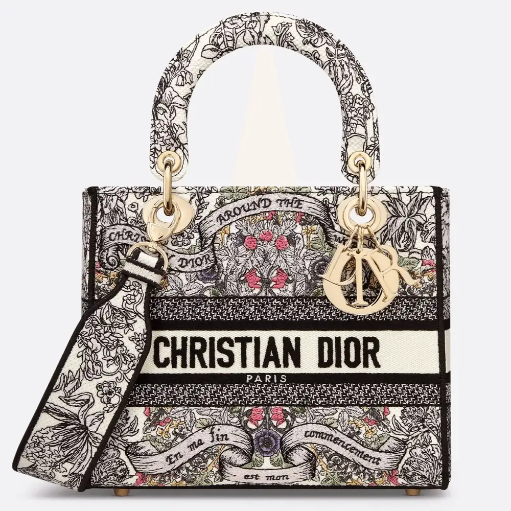 Medium Lady D Lite Bag Embroidery with Multicolor Dior Around the World Motif Latte