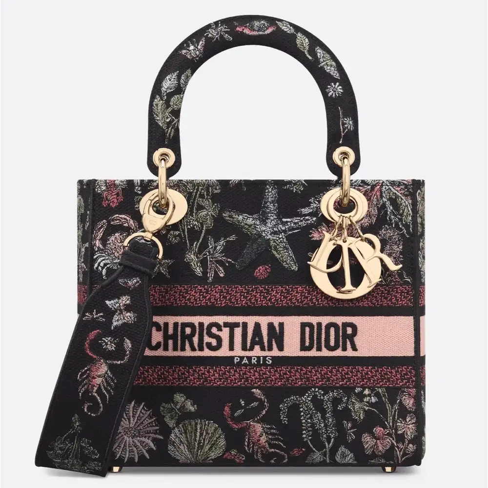 Medium Lady D Lite Bag Embroidery with Multicolor Dior Cabinet de Curiosités Motif Black