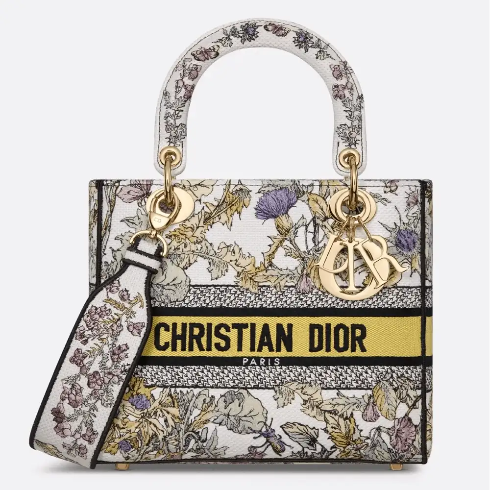 Medium Lady D Lite Bag Embroidery with Yellow Multicolor Dior Chardons Motif Latte