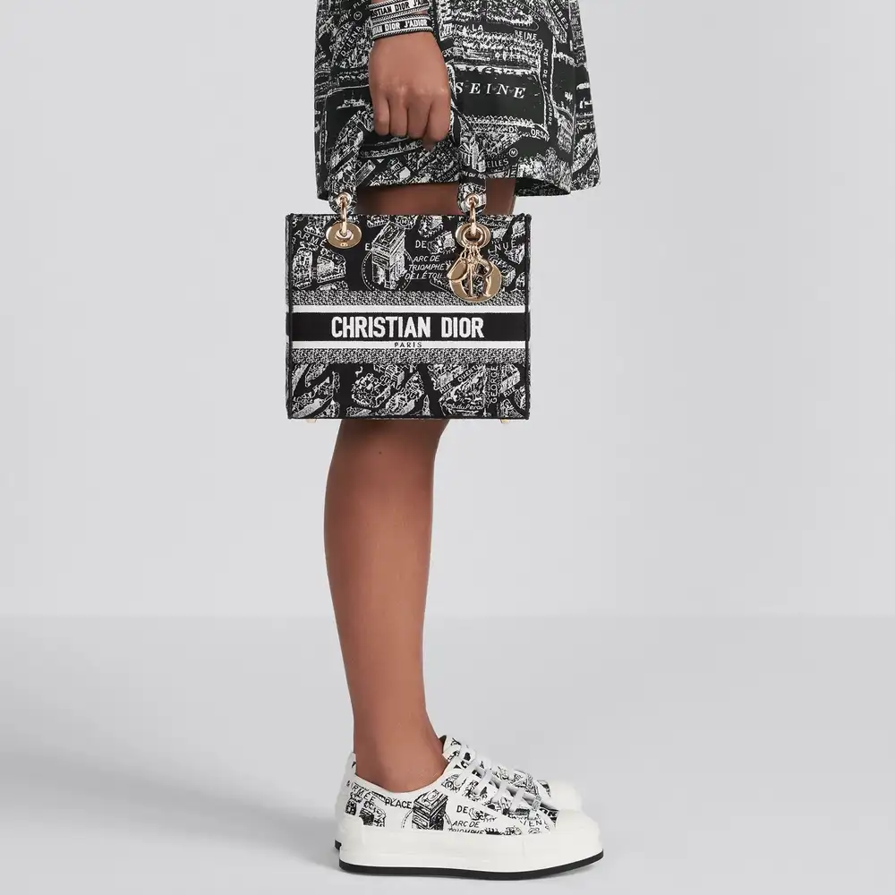 Medium Lady D Lite Bag Plan de Paris Embroidery Black and White Model shots