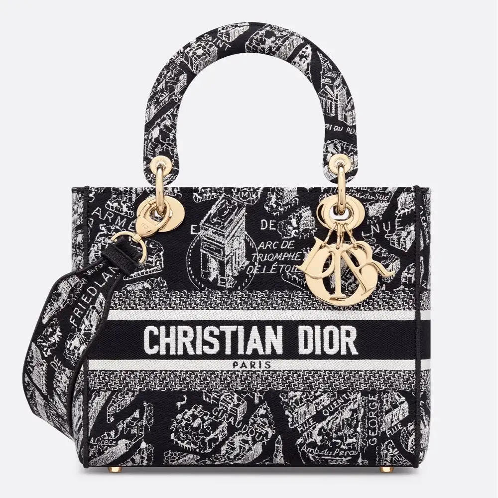 Medium Lady D Lite Bag Plan de Paris Embroidery Black and White