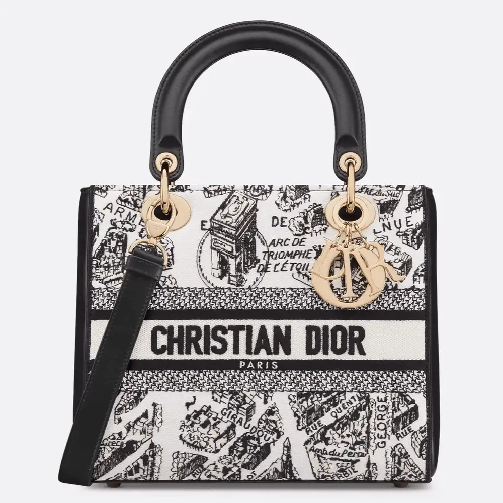 Medium Lady D Lite Bag Plan de Paris Embroidery with Black Calfskin White and Black