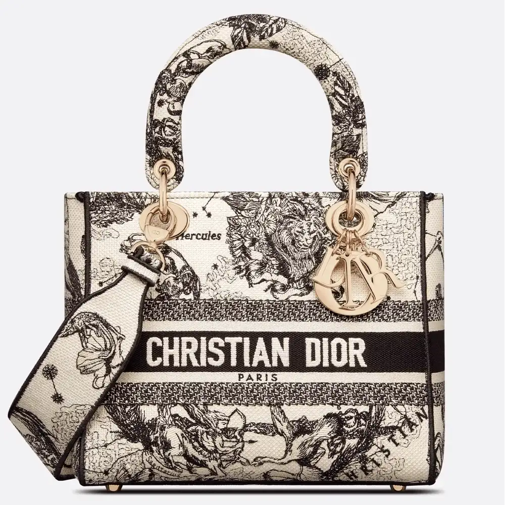 Medium Lady D Lite Bag Toile de Jouy Zodiac Embroidery Latte and Black