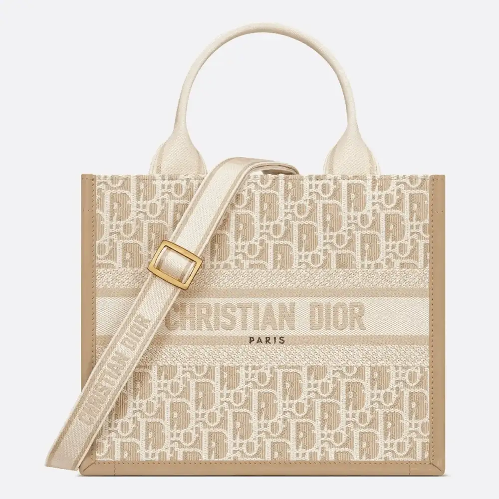 Small Dior Book Tote Dior Oblique Embroidery and Calfskin Natural