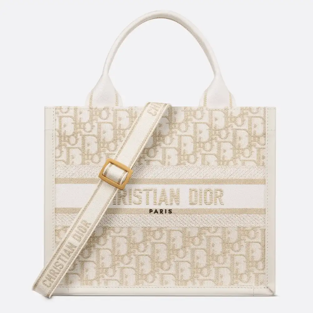 Small Dior Book Tote Dior Oblique Embroidery with Gold Tone Metallic Thread and Latte Calfskin Latte