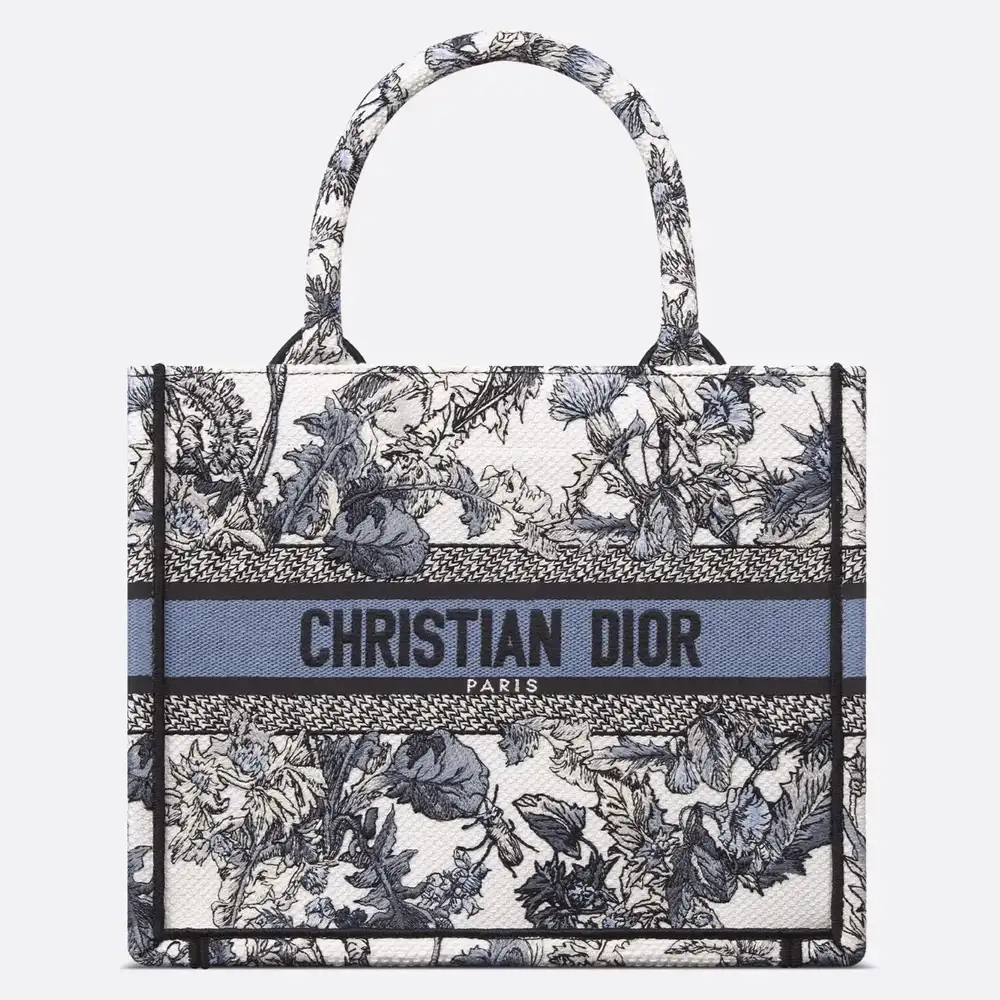 Small Dior Book Tote Embroidery with Denim Blue Dior Chardons Motif White