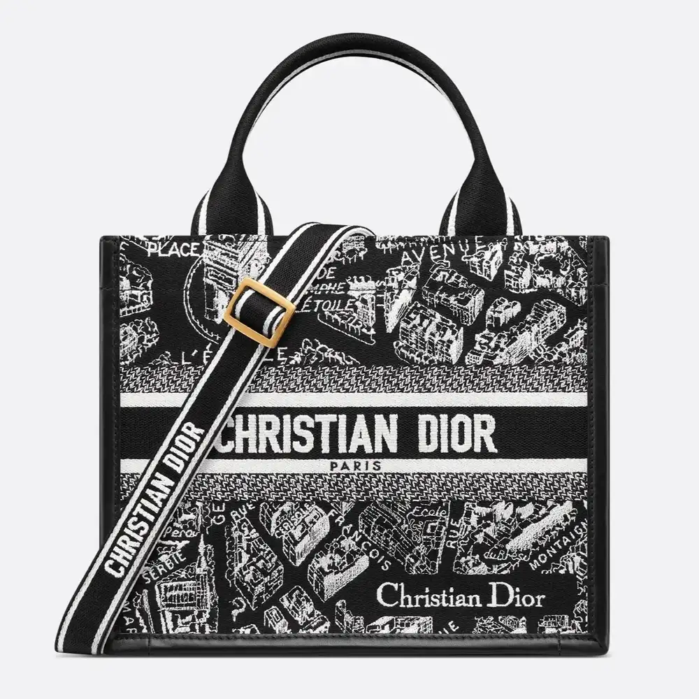 Small Dior Book Tote Plan de Paris Embroidery with Black Calfskin Black and White
