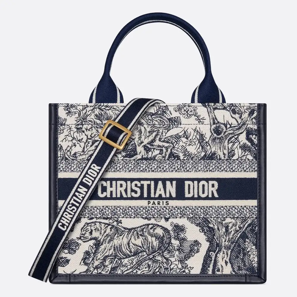 Small Dior Book Tote Toile de Jouy Sauvage Embroidery with Navy Blue Calfskin White and Navy Blue