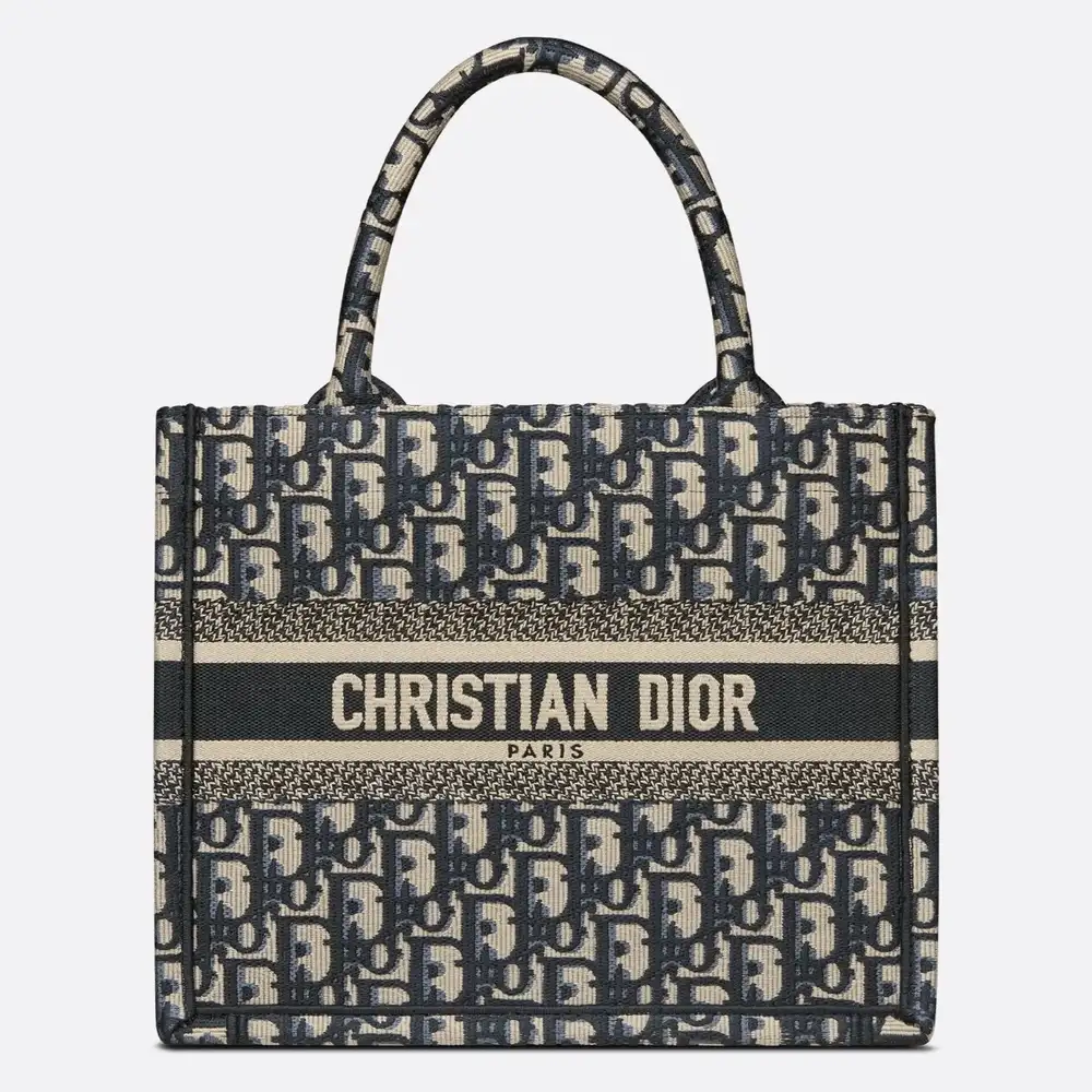 Small Dior Book Tote x Dior Oblique Embroidery Ecru and Blue
