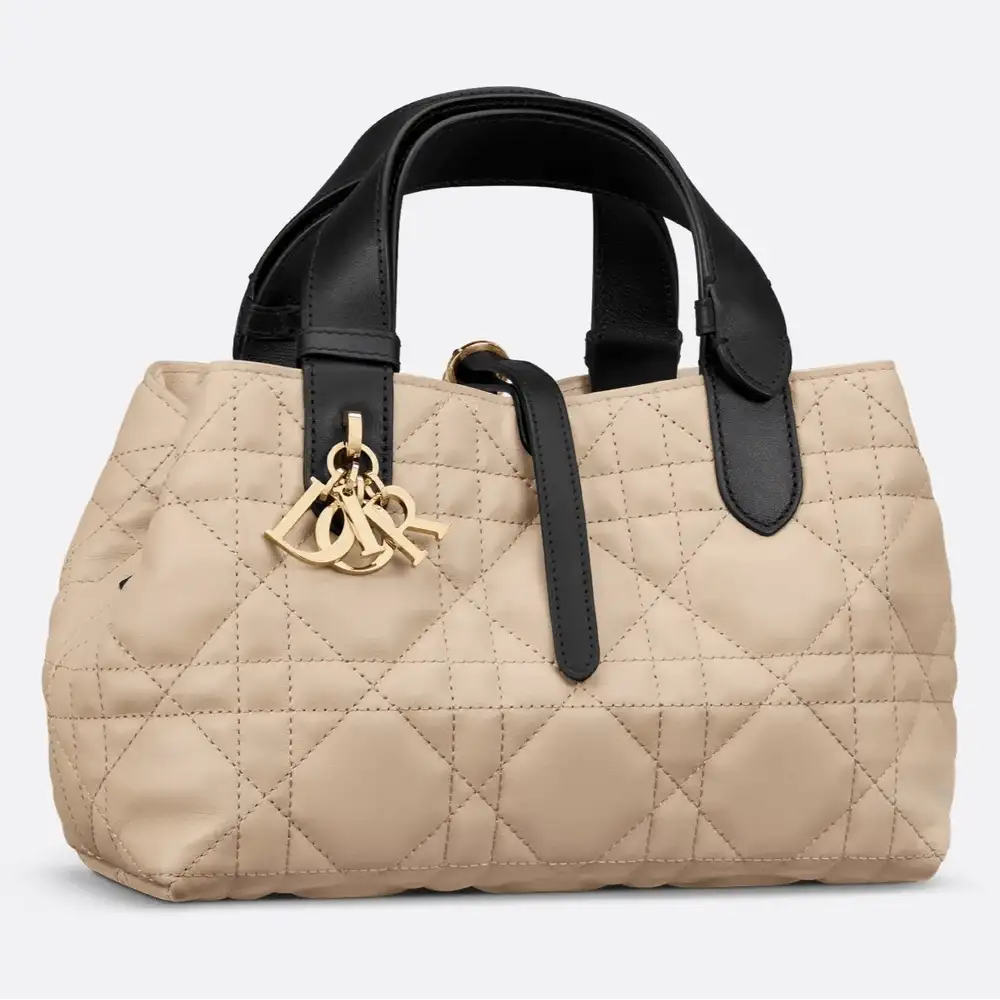 Small Dior Toujours Bag Macrocannage Calfskin Rope Beige and Black