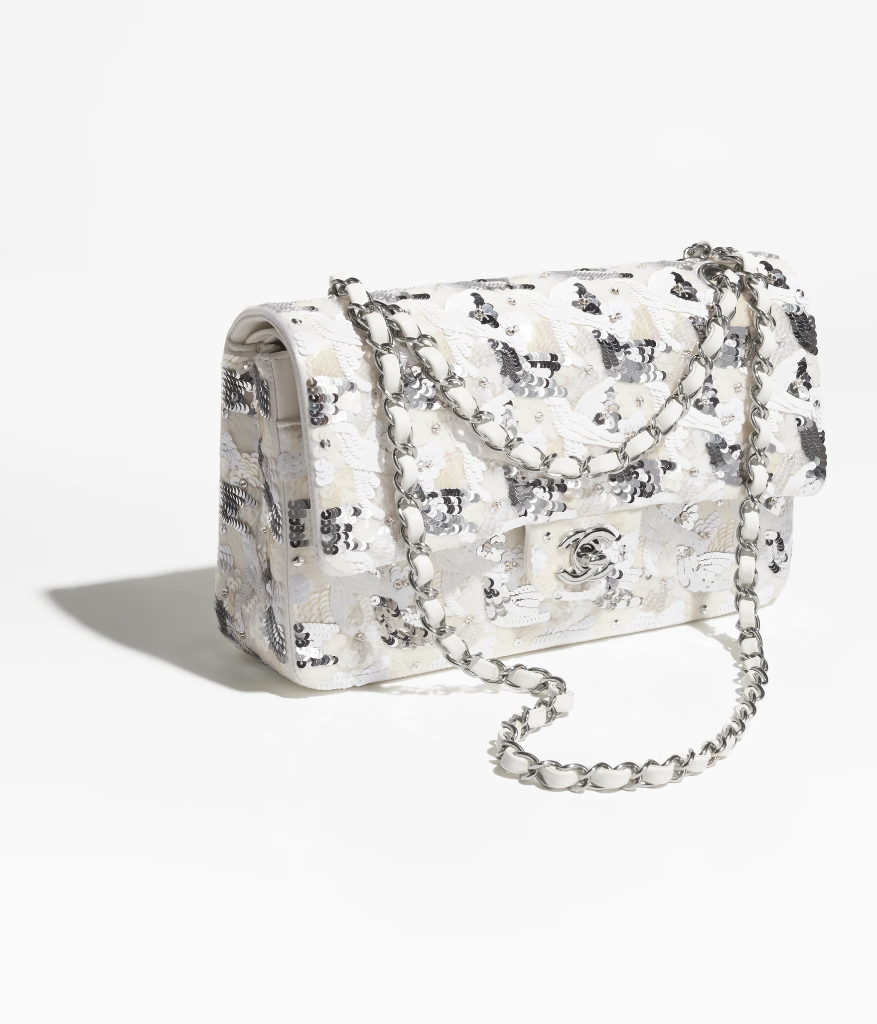 28. A01112B20591U0972 chanel classic 11 12 handbag embroidered satin sequins glass pearls silver tone metal