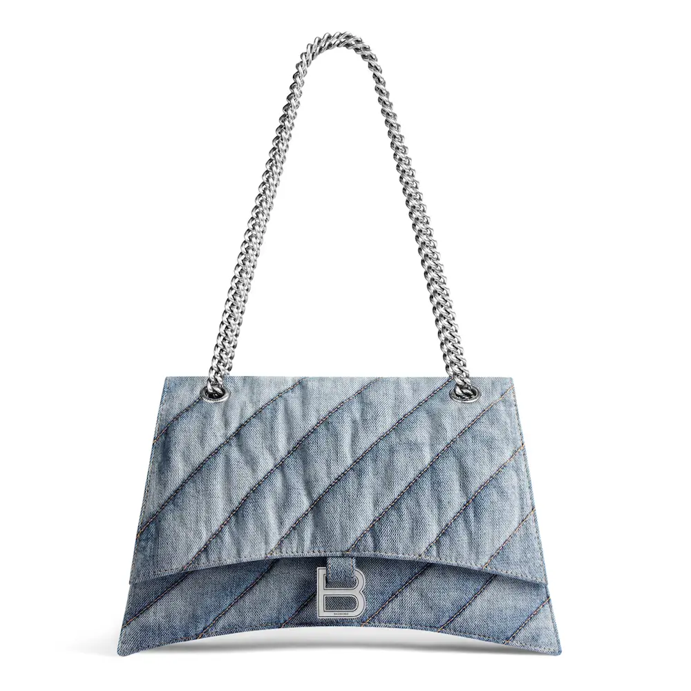 Balenciaga Crush Medium Chain Bag Quilted in blue washed denim, aged silver hardware Blue