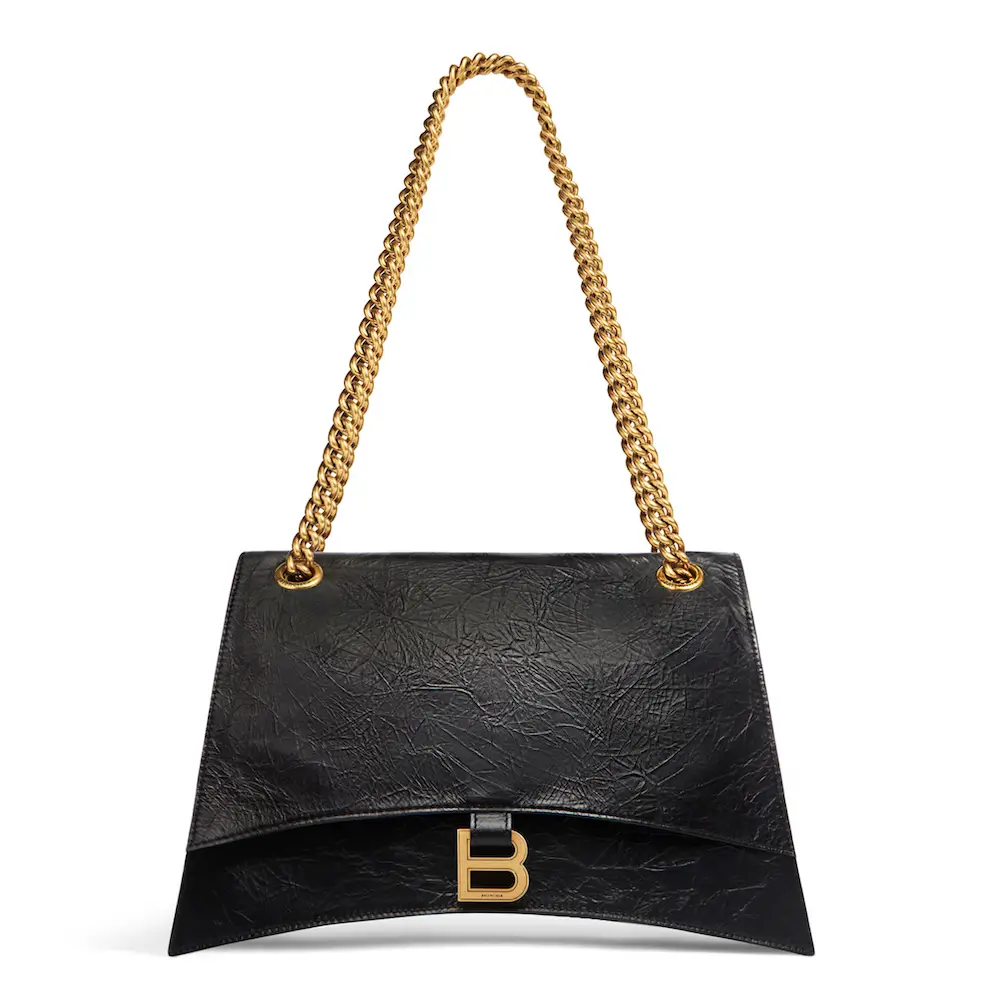 Balenciaga Crush Medium Chain Bag in black crushed calfskin, aged gold hardware black