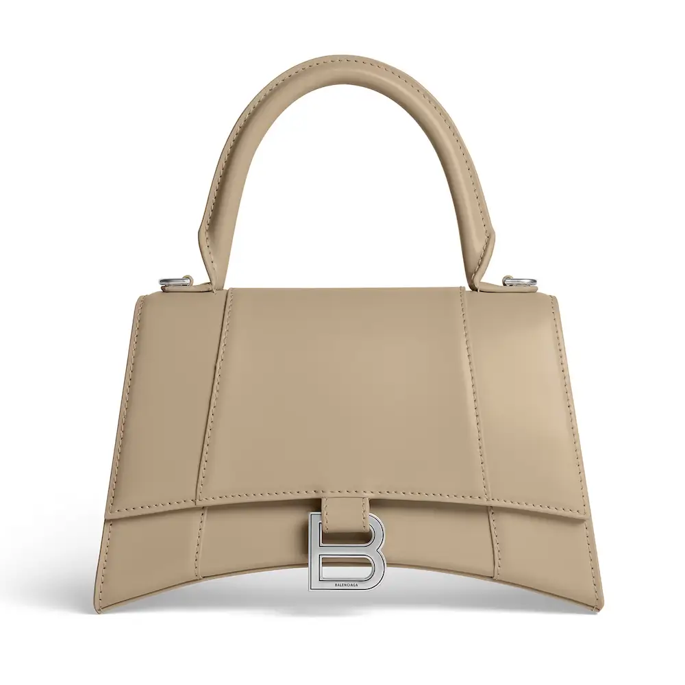 Balenciaga Hourglass Small Handbag in beige shiny box calfskin, aged silver hardware Beige