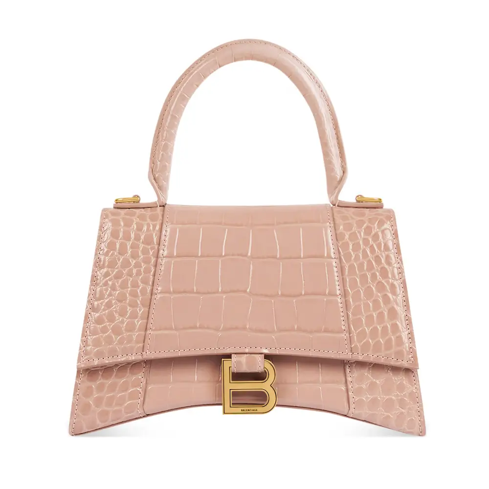 Balenciaga Hourglass Small Handbag in beige shiny crocodile embossed calfskin Pink
