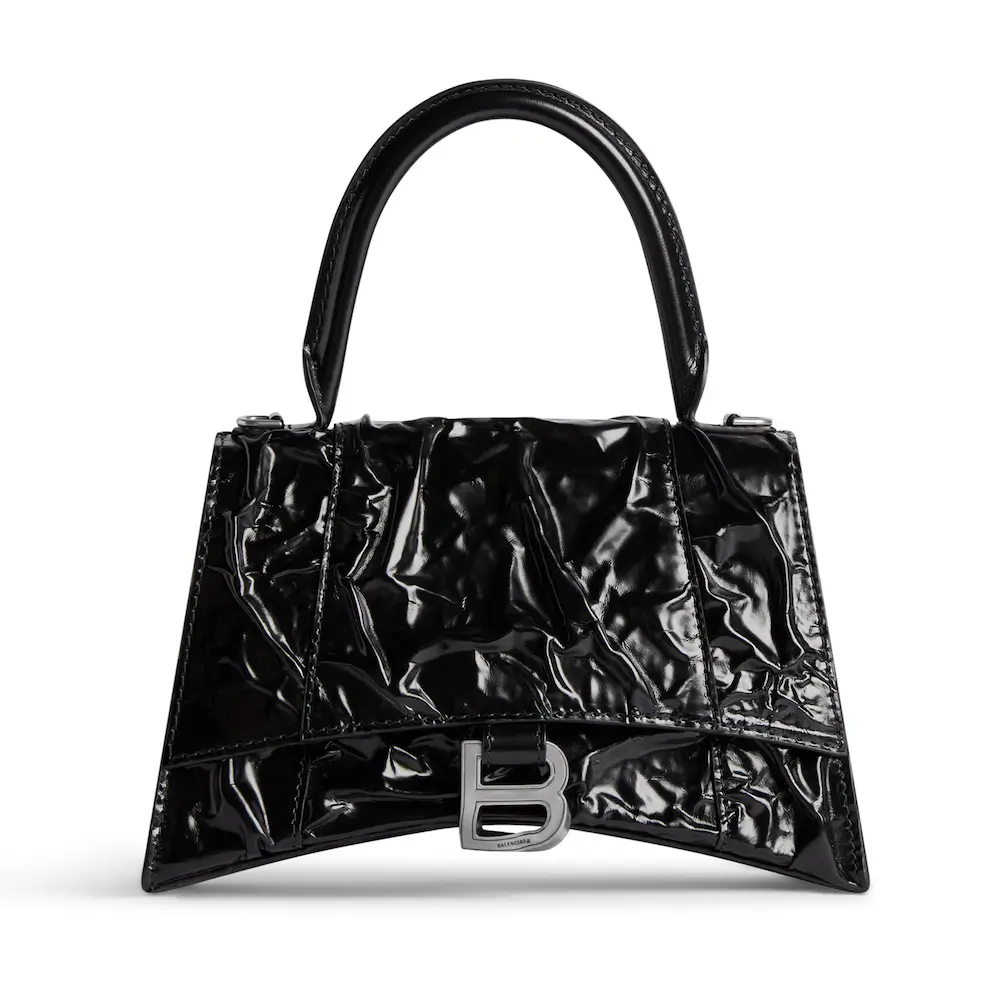 Balenciaga Hourglass Small Handbag in black crushed lambskin, aged silver hardware Black