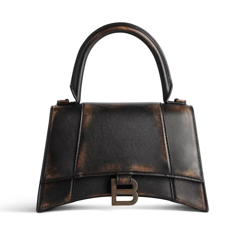 Balenciaga Hourglass Small Handbag in light brown and dark brown bitonal used effect calfskin, aged gold hardware brown
