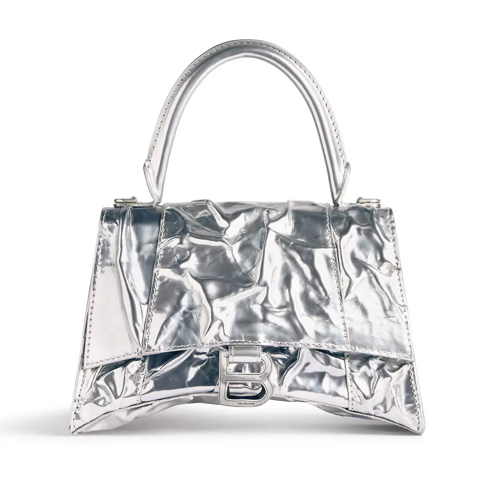 Balenciaga Hourglass Small Handbag in silver crushed lambskin, aged silver hardware Silver
