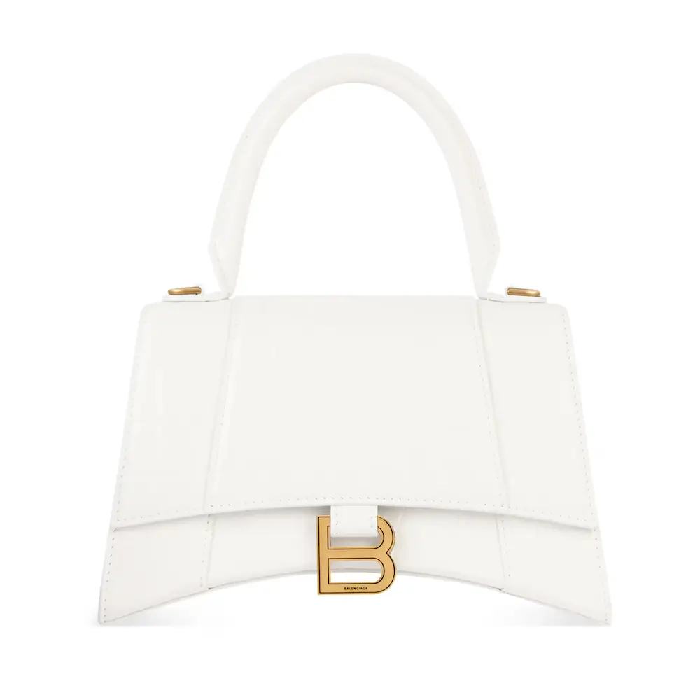 Balenciaga Hourglass Small Handbag in white shiny crocodile embossed calfskin, aged gold hardware White